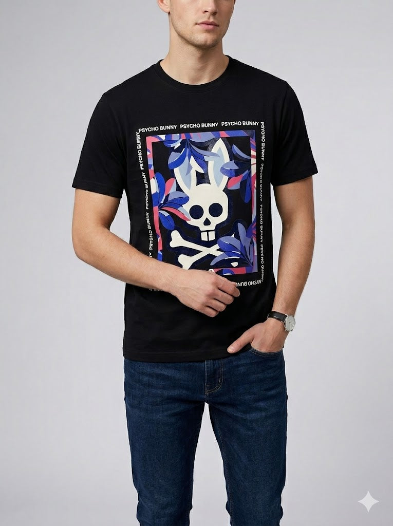 CAMISETA PSYCHO BUNNY COLECCION ORIGINAL NEGRO ESTAMPADO MORADO