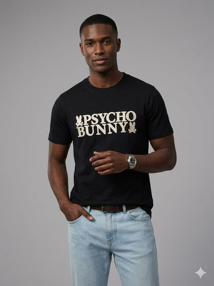 CAMISETA PSYCHO BUNNY COLECCION ORIGINAL NEGRO ESTAMPADO BEIGE TEJIDO