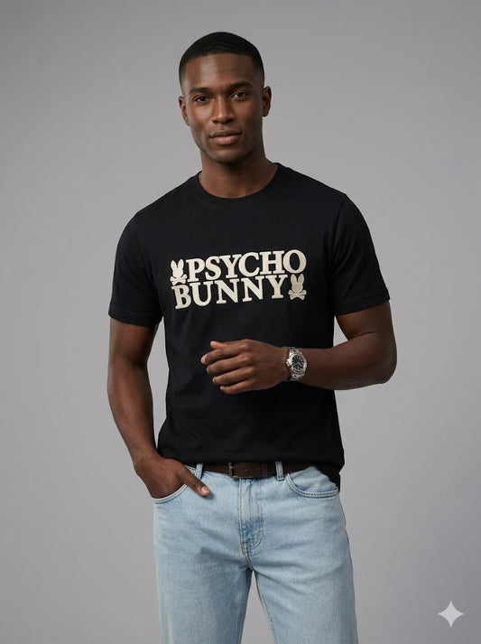 CAMISETA PSYCHO BUNNY COLECCION ORIGINAL NEGRO ESTAMPADO BEIGE TEJIDO