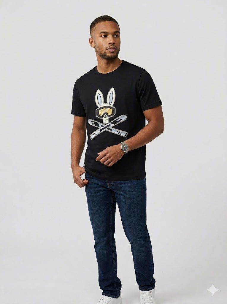 CAMISETA PSYCHO BUNNY COLECCION ORIGINAL NEGRO CONEJO BLANCO CON AZUL CLARO