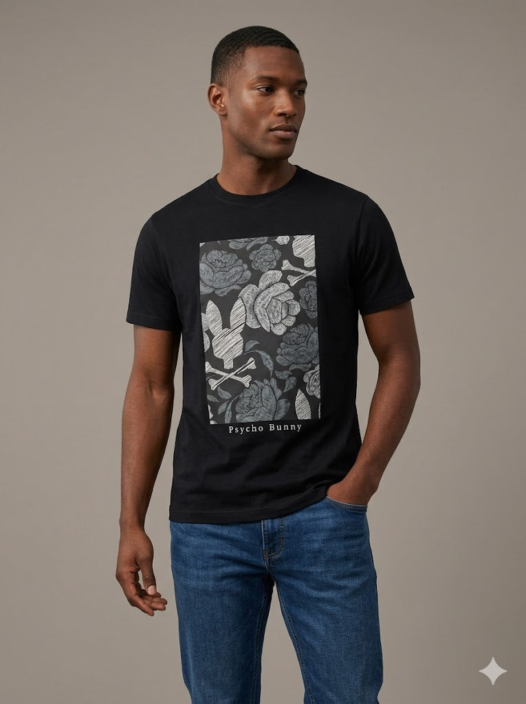 CAMISETA PSYCHO BUNNY COLECCION ORIGINAL NEGRO ESTAMPADO ROSAS GRIS