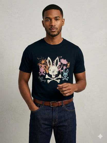 CAMISETA PSYCHO BUNNY COLECCION ORIGINAL NEGRO ESTAMPADO FLORIADO NARANJA