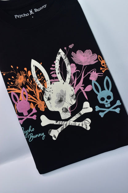 CAMISETA PSYCHO BUNNY COLECCION ORIGINAL NEGRO ESTAMPADO FLORIADO NARANJA