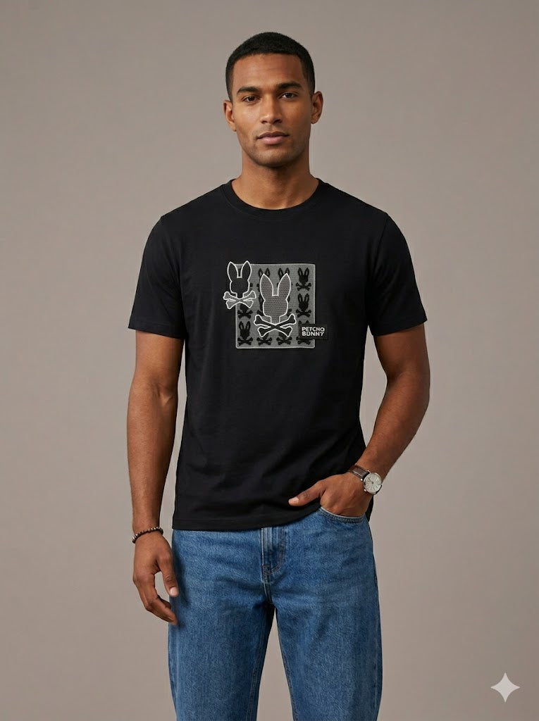 CAMISETA PSYCHO BUNNY COLECCION ORIGINAL NEGRO ESTAMPADO CUADRO GAMUSA