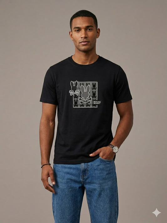 CAMISETA PSYCHO BUNNY COLECCION ORIGINAL NEGRO ESTAMPADO CUADRO GAMUSA