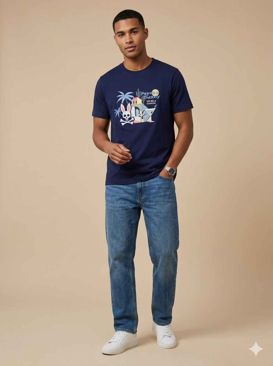 CAMISETA PSYCHO BUNNY COLECCION ORIGINAL AZUL ESTAMPADO THE BOLD STANDARD