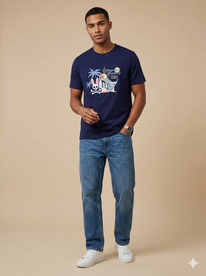 CAMISETA PSYCHO BUNNY COLECCION ORIGINAL AZUL ESTAMPADO THE BOLD STANDARD