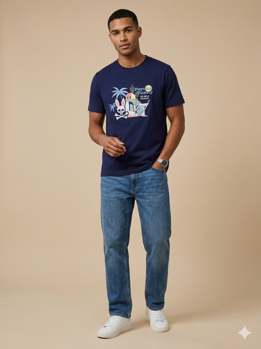 CAMISETA PSYCHO BUNNY COLECCION ORIGINAL AZUL ESTAMPADO THE BOLD STANDARD
