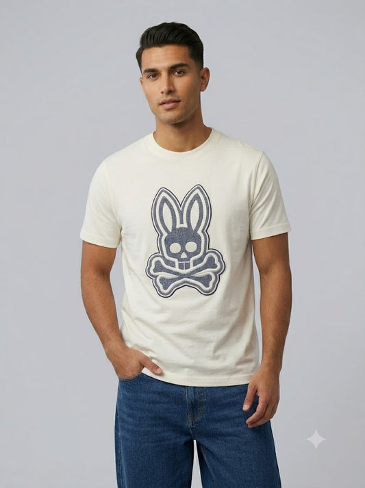 CAMISETA PSYCHO BUNNY COLECCION ORIGINAL BLANCO ESTAMPADO RAYAS AZUL BORDADO PLATA