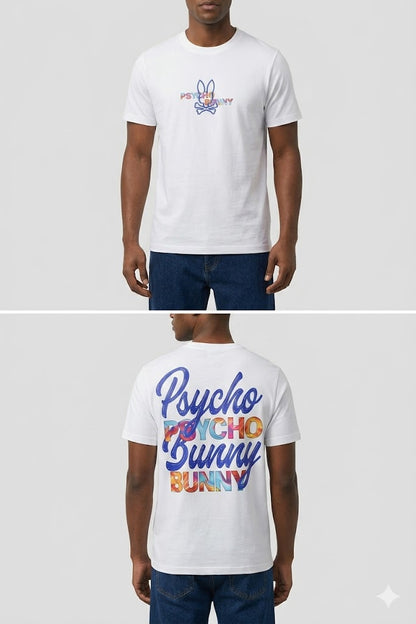 CAMISETA PSYCHO BUNNY COLECCION ORIGINAL BLANCO ESTAMPADO AZUL PB COLORES