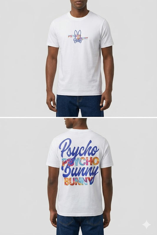 CAMISETA PSYCHO BUNNY COLECCION ORIGINAL BLANCO ESTAMPADO AZUL PB COLORES
