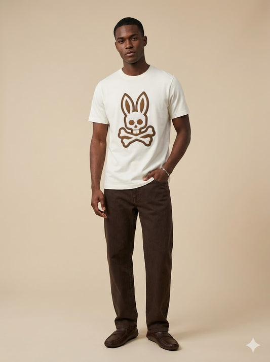 CAMISETA PSYCHO BUNNY COLECCION ORIGINAL BLANCO GRABADO CAFE Y BLANCO