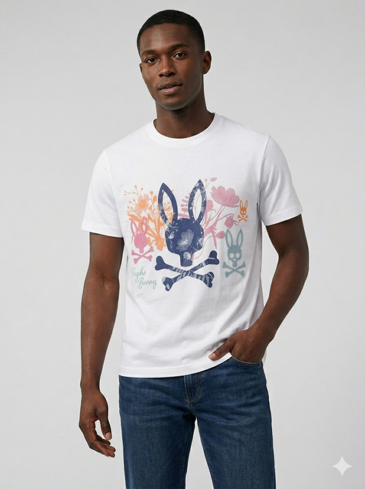 CAMISETA PSYCHO BUNNY COLECCION ORIGINAL BLANCO ESTAMPADO FLORIADO NARANJA