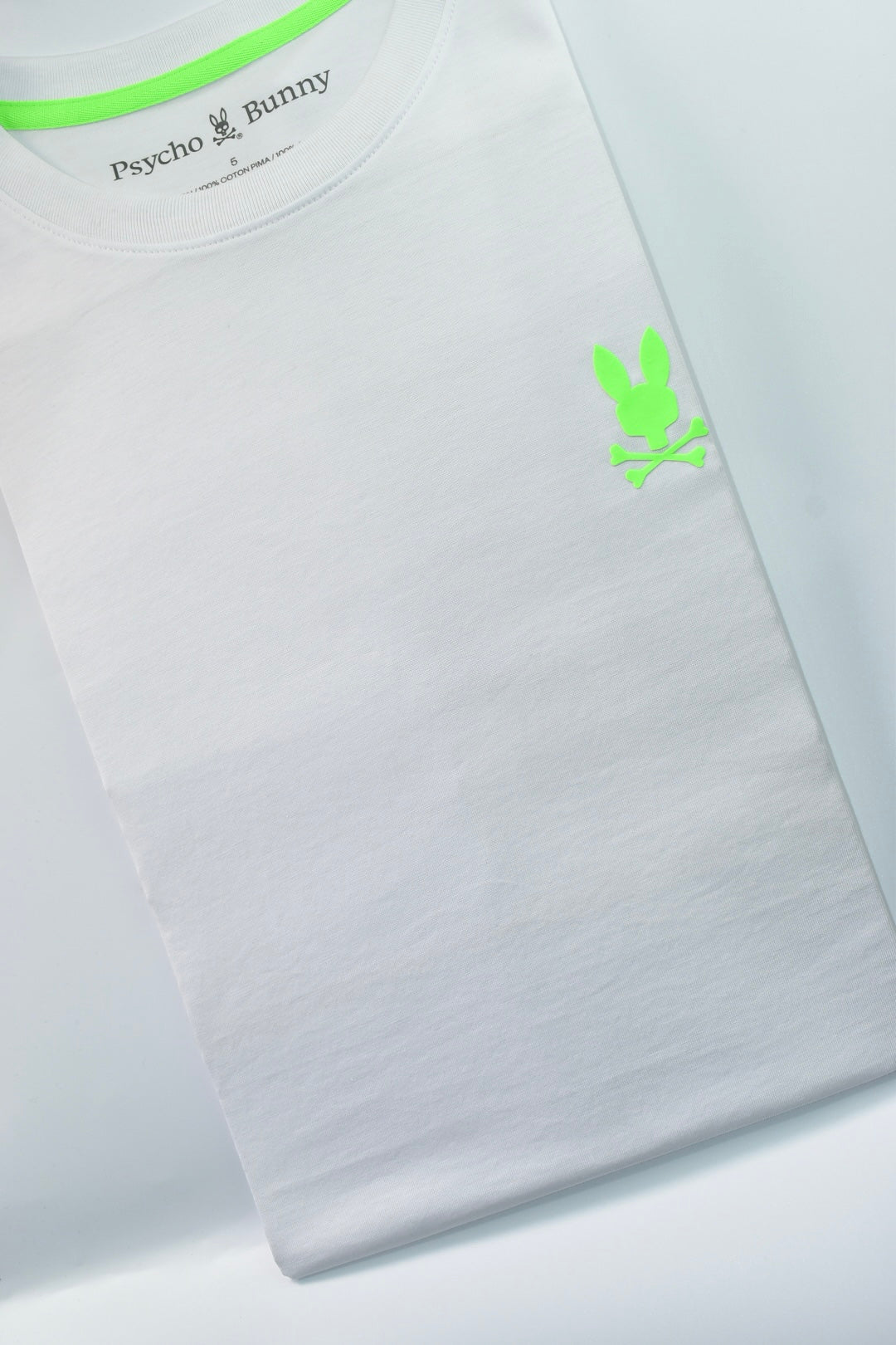 CAMISETA PSYCHO BUNNY COLECCION ORIGINAL BLANCO CONEJO VERDE FLUORESENTE