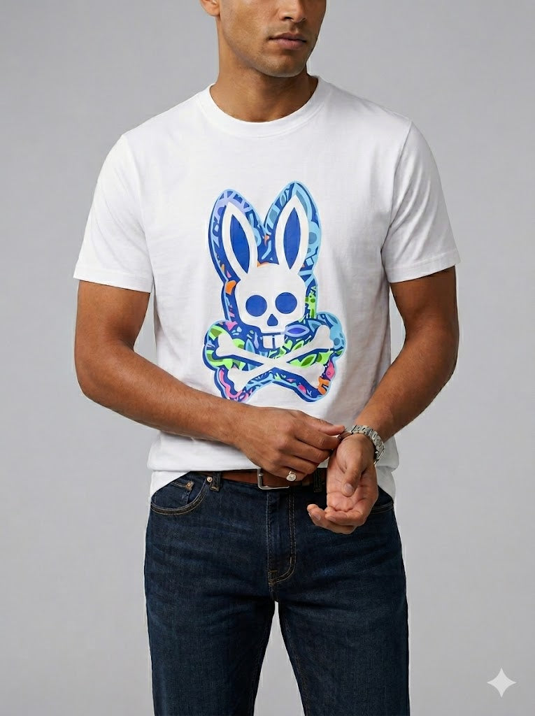 CAMISETA PSYCHO BUNNY COLECCION ORIGINAL BLANCO ESTAMPADO CALABERA FLUORESENTE