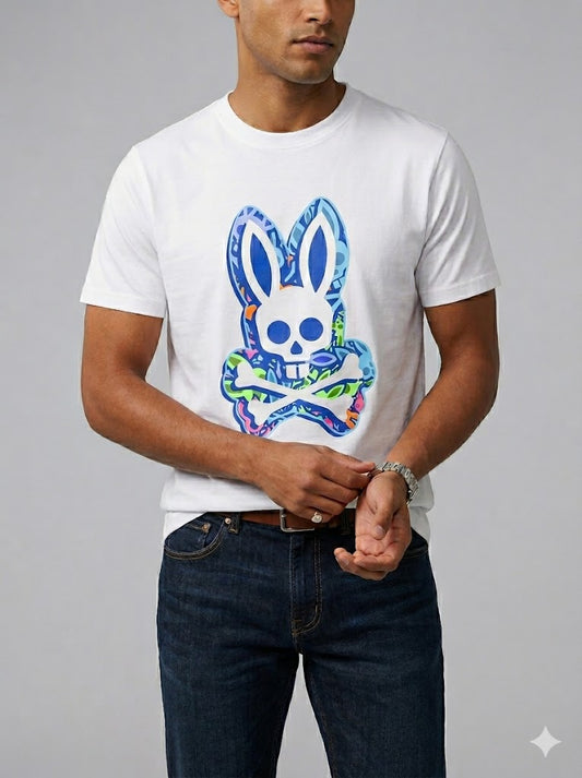 CAMISETA PSYCHO BUNNY COLECCION ORIGINAL BLANCO ESTAMPADO CALABERA FLUORESENTE