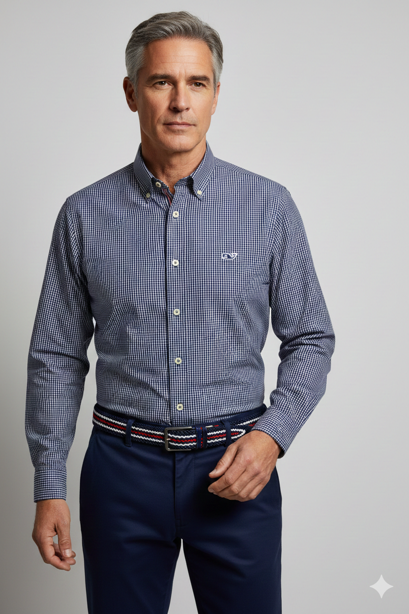 CAMISA MANGA LARGA VINEYARD VINES AZUL OSCURO, CUADROS BLANCAS