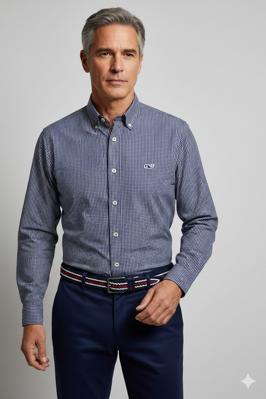 CAMISA MANGA LARGA VINEYARD VINES AZUL OSCURO, CUADROS BLANCAS