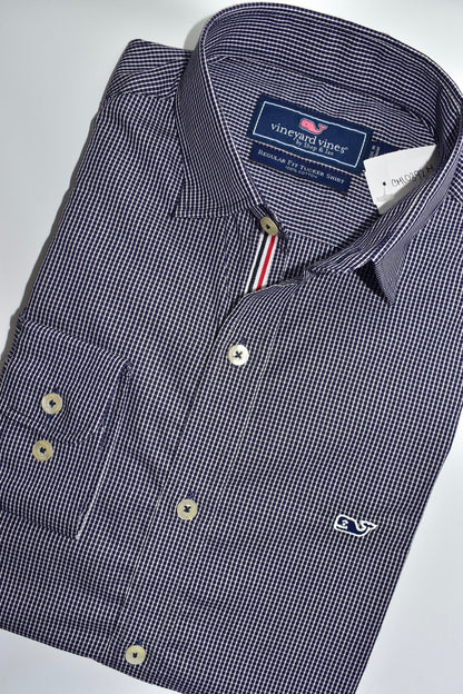 CAMISA MANGA LARGA VINEYARD VINES AZUL OSCURO, CUADROS BLANCAS