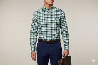 CAMISA MANGA LARGA POLO RALPH LAUREN  (PRL) VERDE MENTA CUADRO AZUL OSCURO