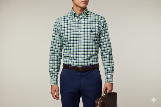 CAMISA MANGA LARGA POLO RALPH LAUREN  (PRL) VERDE MENTA CUADRO AZUL OSCURO