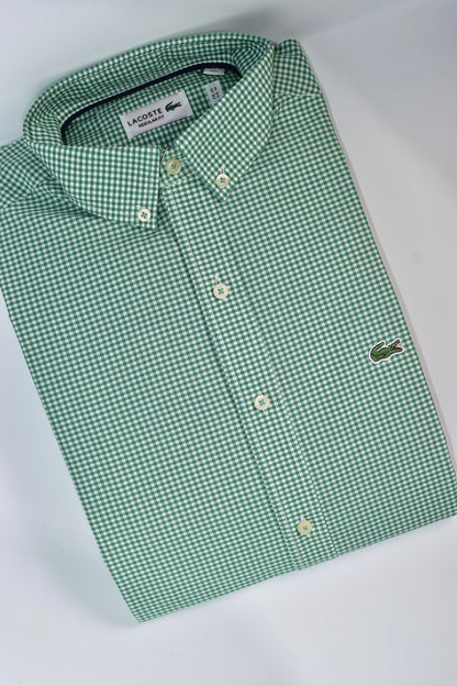 CAMISA MANGA LARGA LACOSTE (LAC) VERDE ESMERALDA CUADROS BLANCOS