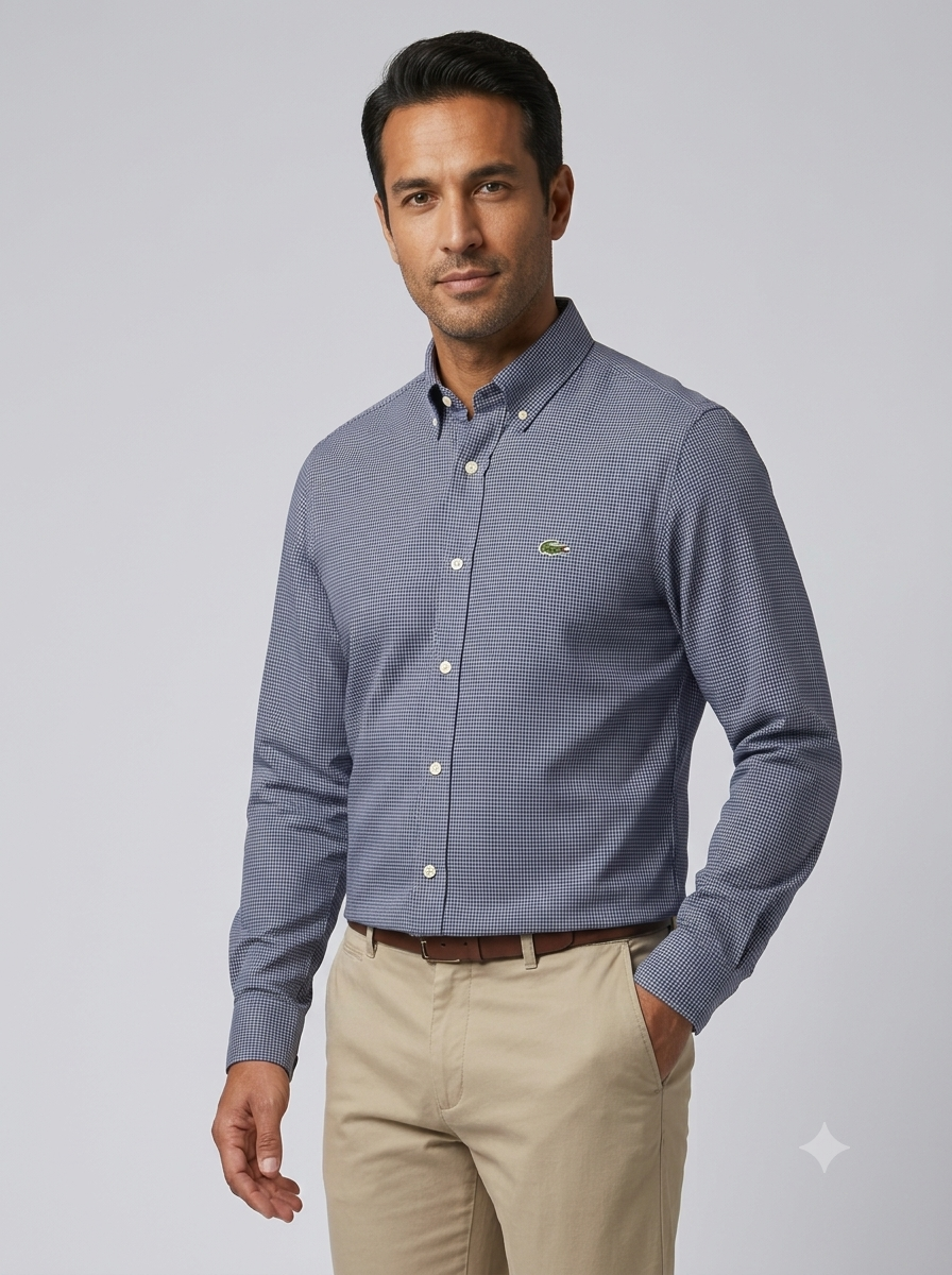 CAMISA MANGA LARGA LACOSTE (LAC) AZUL OSCURO CUADRO BORDADO