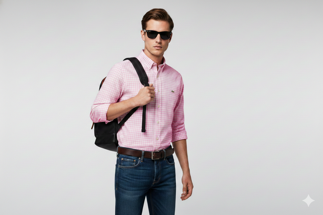 CAMISA MANGA LARGA LACOSTE (LAC) BLANCO Y ROSADO