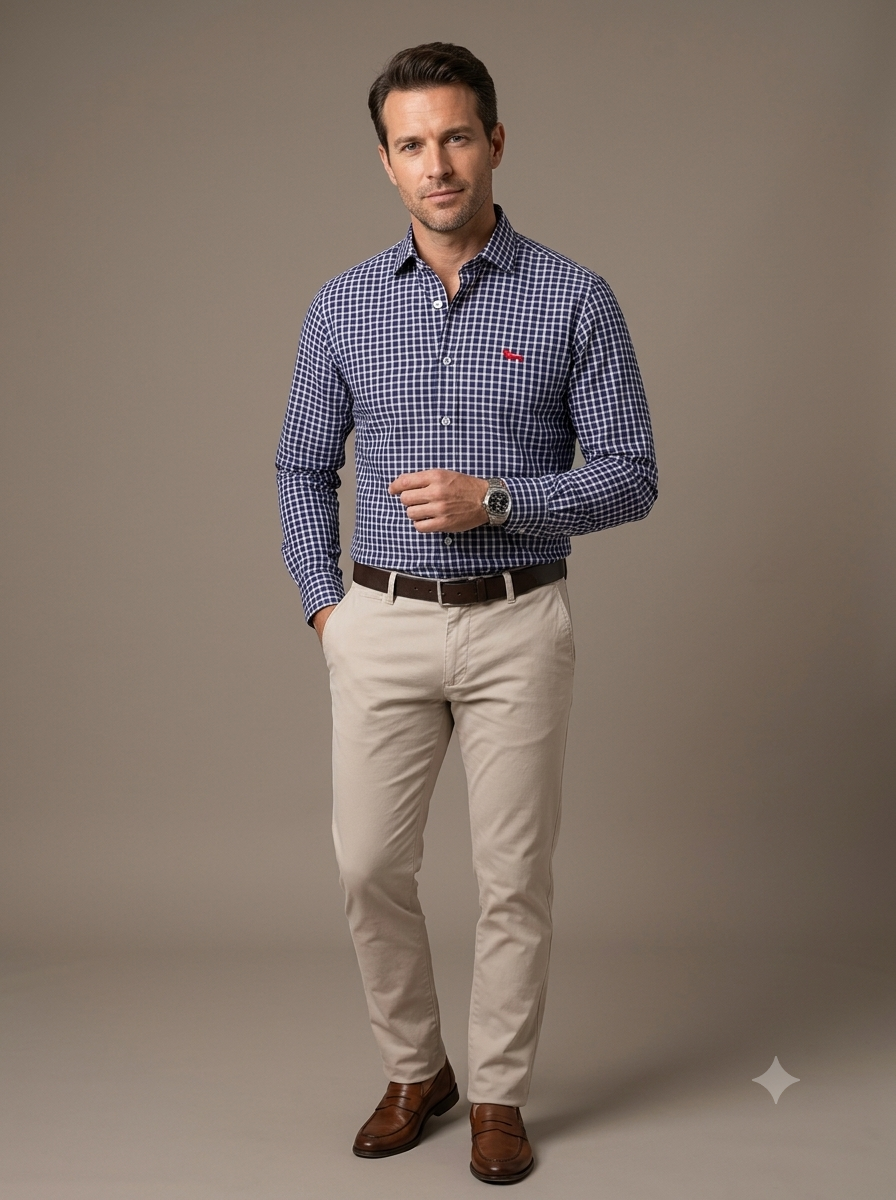 CAMISA MANGA LARGA HARMONT&BLAINE (HBL) BLANCO CUADRO AZUL OSCURO