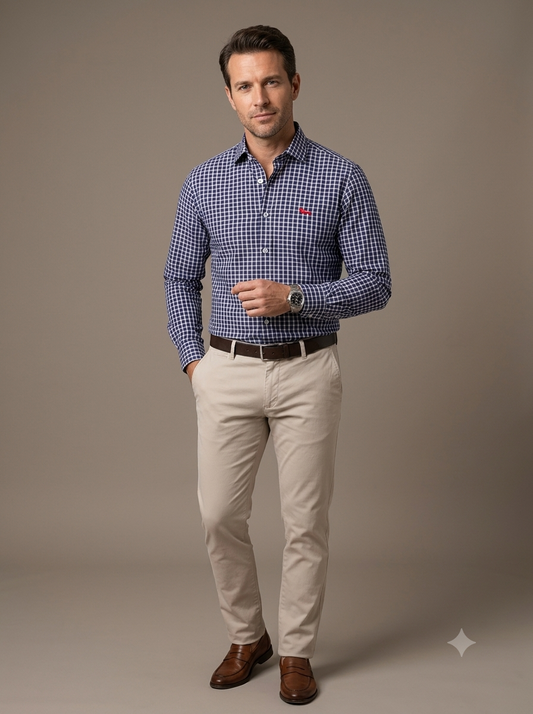 CAMISA MANGA LARGA HARMONT&BLAINE (HBL) BLANCO CUADRO AZUL OSCURO